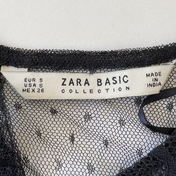 ZARA BASIC COLLECTION top size S black mesh shortsleeve embroidered babydoll - Picture 5 of 6